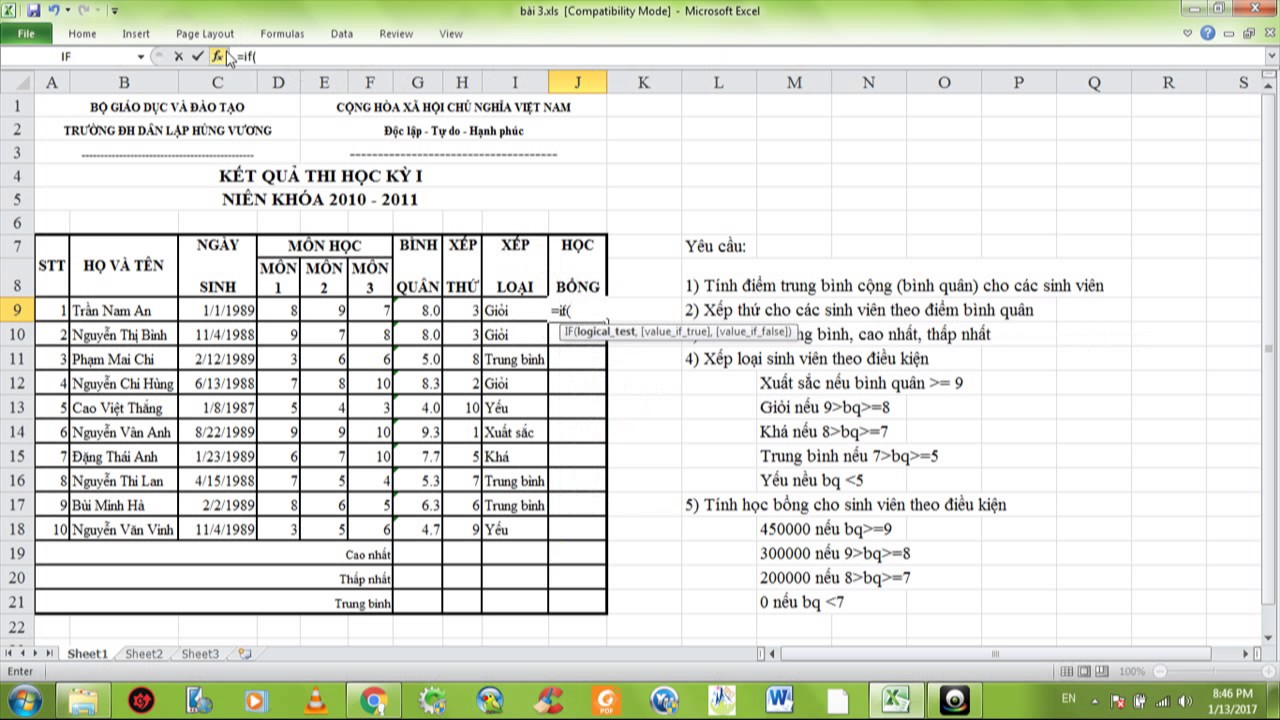 Các ví dụ cụ thể về cách sử dụng hàm IF để xếp loại học lực trong Excel?
